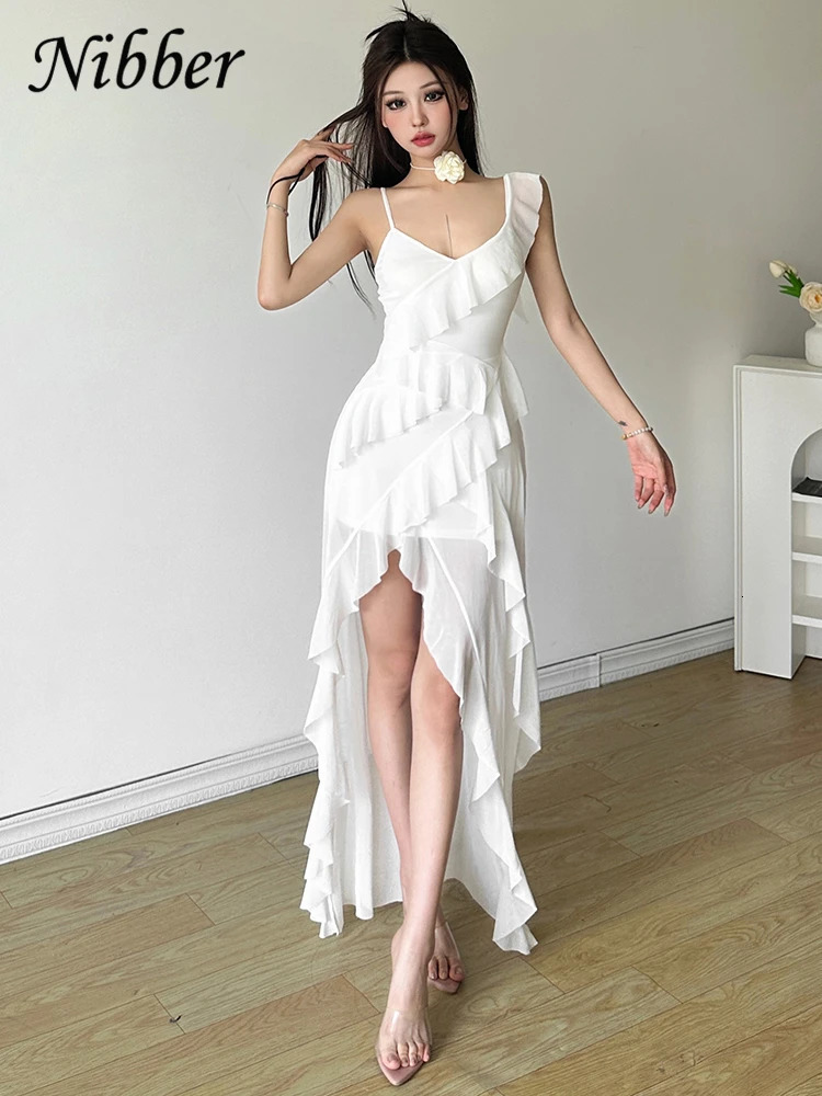 Nibber White Sweet Gentle Mature Ruffles Beautiful Summer Street Out Womens Thin Perspective Tassel n Long Sling Dress 250704