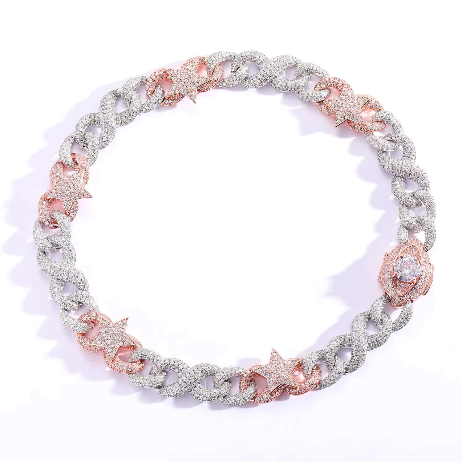 Wholesale White Silver Plated Rhinestone Hip Hop Moon Iced Out Mossanite Cuban Link Chain Two Tone Jewelry Star Necklace for Men