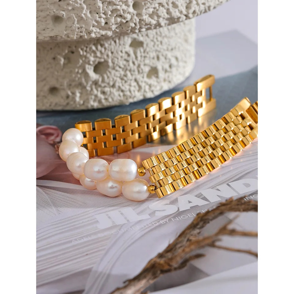 Yhpup Natural Pearls Cuban Chain 316L Stainless Steel Bracelet Bangle High Quality Women Gold Color Premium Jewelry Gift 250628
