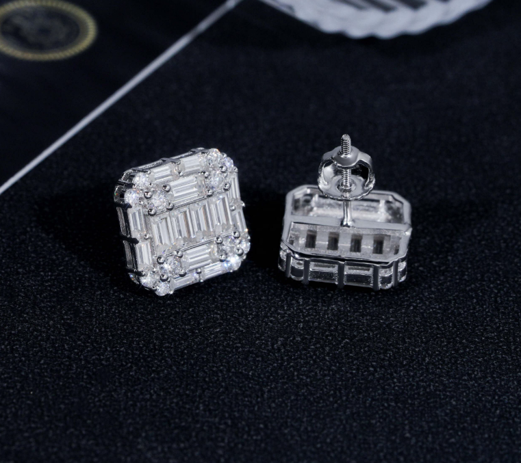 Hip Hop Style Baguette Moissanite Square Shape 925 Silver Mens VVS Diamond Stud Earrings