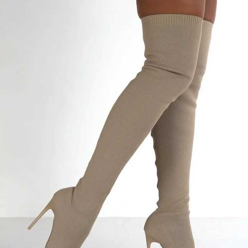 Ladies Socks Over The Knee Women Boots Stretch Fabrics High Heel Slip on Shoes Pointed Toe Woman Long Boots Size 36-43 Z250704