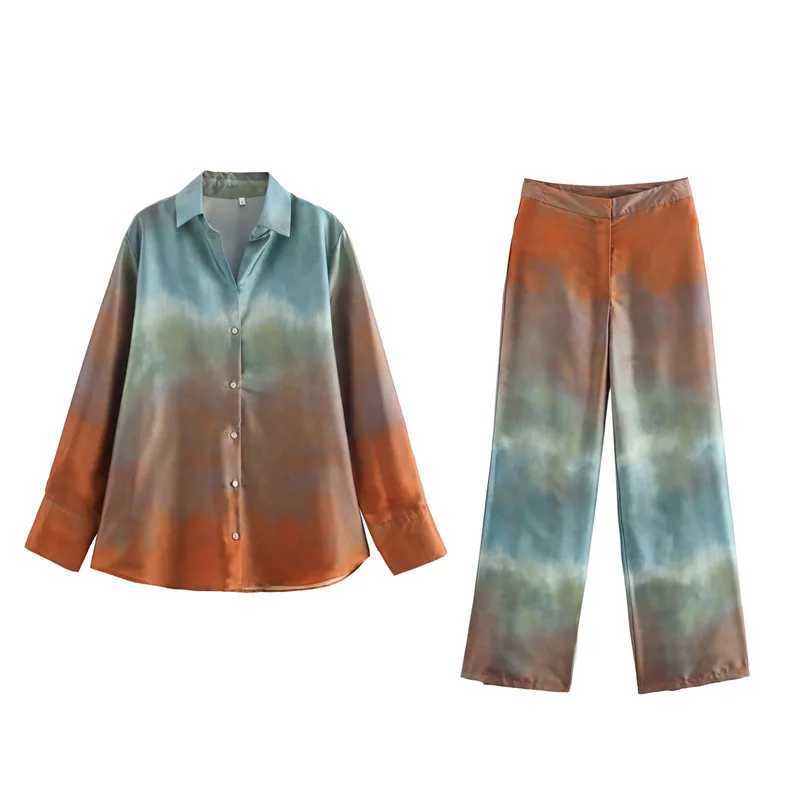 Tie Dye Gradient Print Loose Shirts Top Wide Leg Pants Sets New Autumn Button Blouse Long Trouser Satin Vintage Chic Women Suit X250704