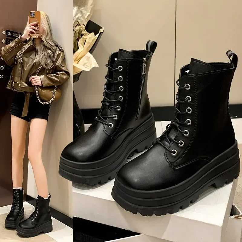 Womens Fashion Boots Thick Sole High Heels Trifle Base Side Zip Black Boots Outdoor Womens Shoes Commuting Spring and Autumn Z250704