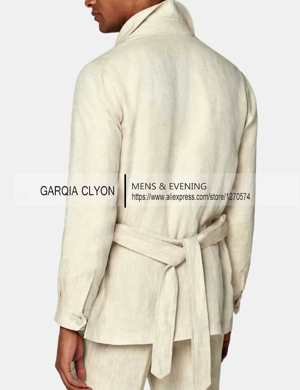 New 2 Pieces Linen Mens Suits With Belt Tuxedo Summer Casual Style Groomsmen For Wedding (Blazer+Pants) X250704