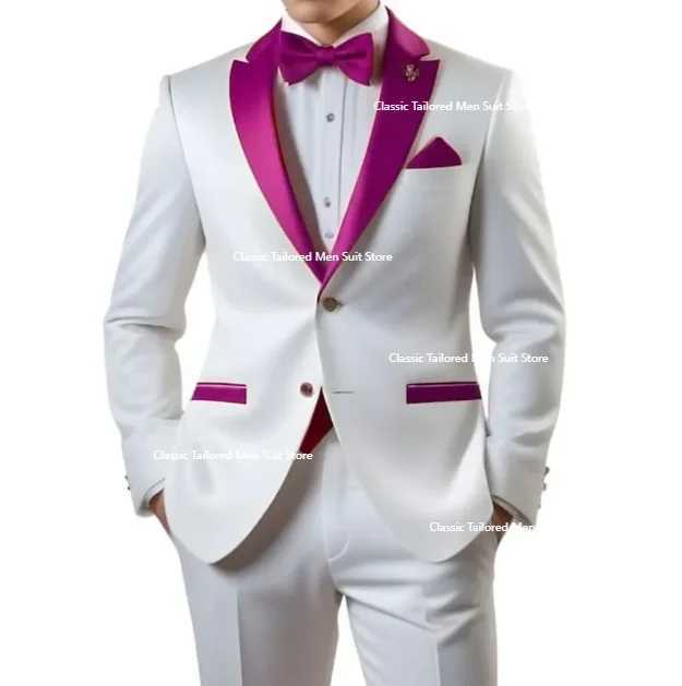 Customized White Men Suits Single Breasted Red Notch Lapel Slim Fit Male Clothing High Quality Wedding 2 Piece Jacket Pants X250704