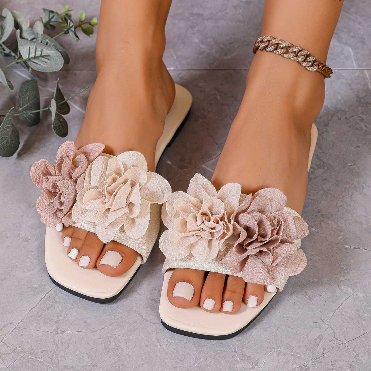 2025 Summer Ladies Shoes Open Toe Womens Slippers Fashion Flower Dress Slippers Women Square Heel Shoes for Women W250704