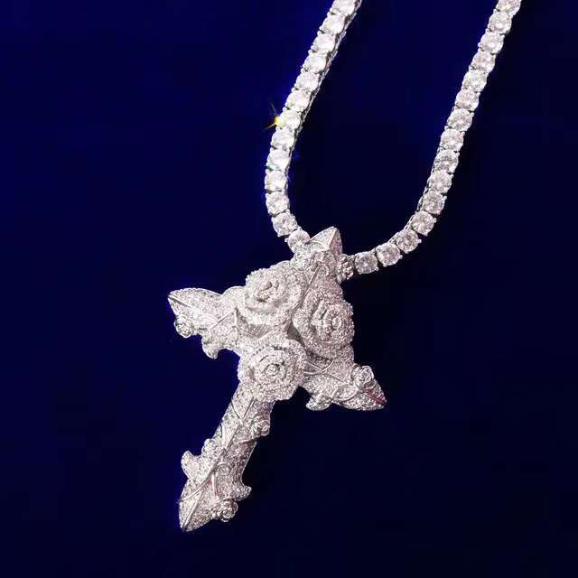 Fashion Hip Hop Moissanite vvs1 Ice Out Rose Cross Pendant Necklace Men Women Trendy Jewelry
