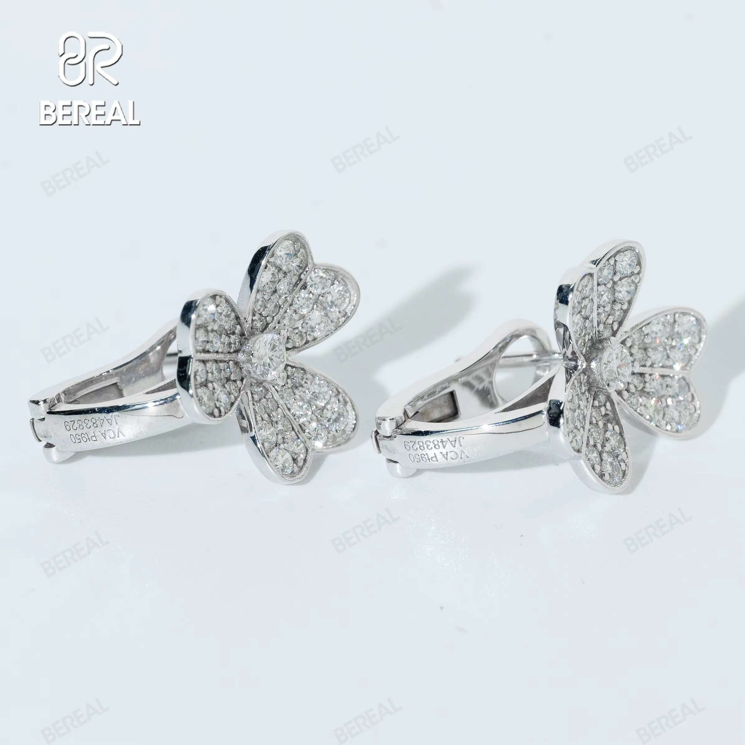 Custom GIA Certified Lab Grown VVS Diamond Three Leaves Stud Earrings in 925 Silver Fine Jewelry