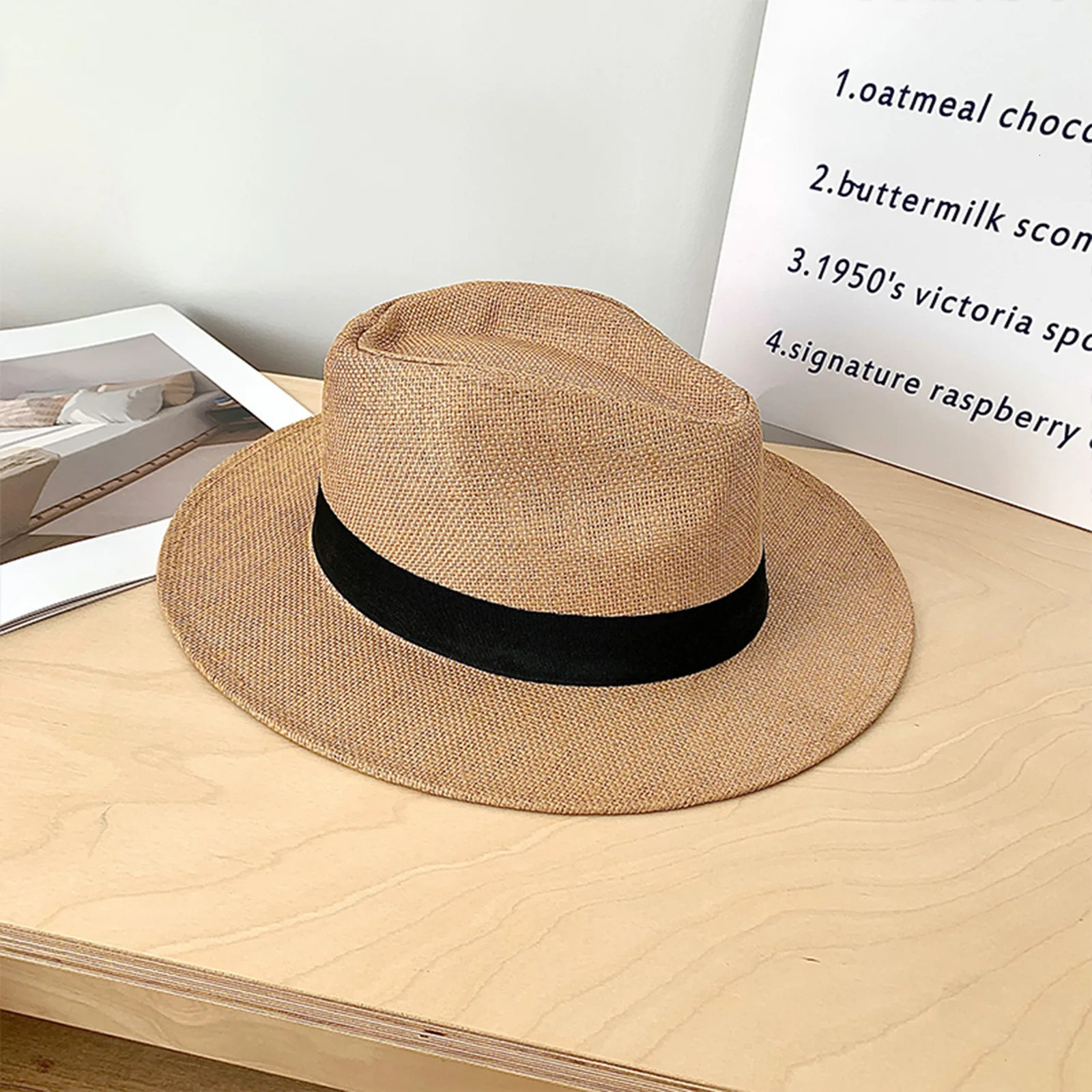 Fashion Summer Casual Unisex Beach Trilby Large Brim Jazz Sun Hat Panama Hat Paper Straw Women Men Cap With Black Ribbon 250701