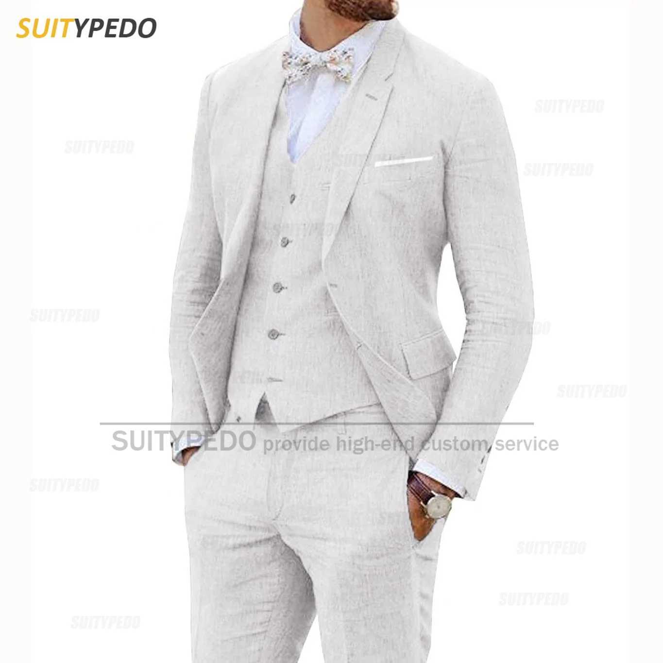 Beige Linen Suits for Men 3 Pieces Casual Slim Fit Suit Blazer Vest Pants Set Formal Prom Wedding Tuxedos for Best Man Groomsmen X250704