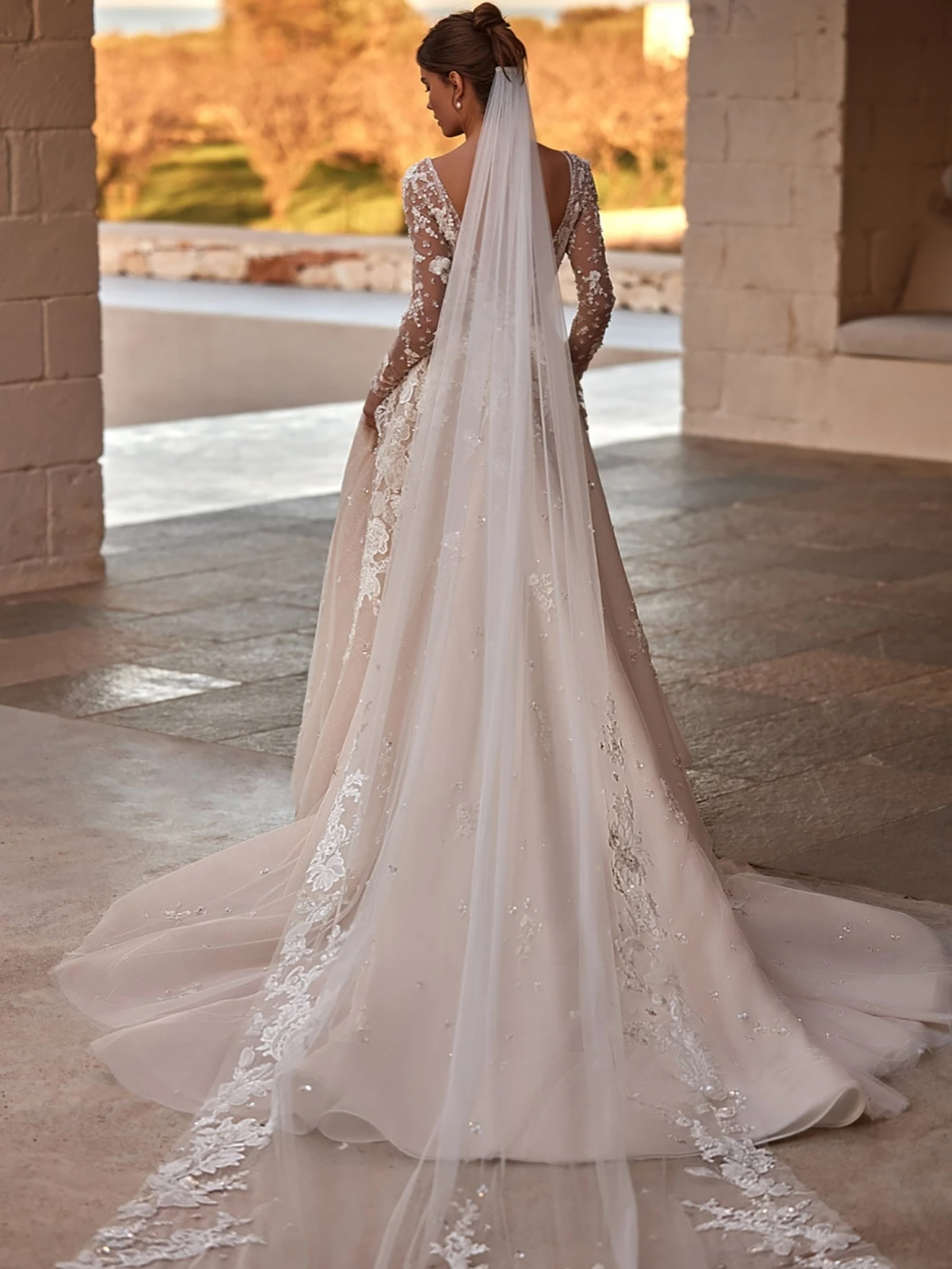 Beaded Flower Appliques Wedding Dresses A Line Deep V Neck Bridal Gowns Long Sleeves Princess Style Custom Made Special Occasion Dresses