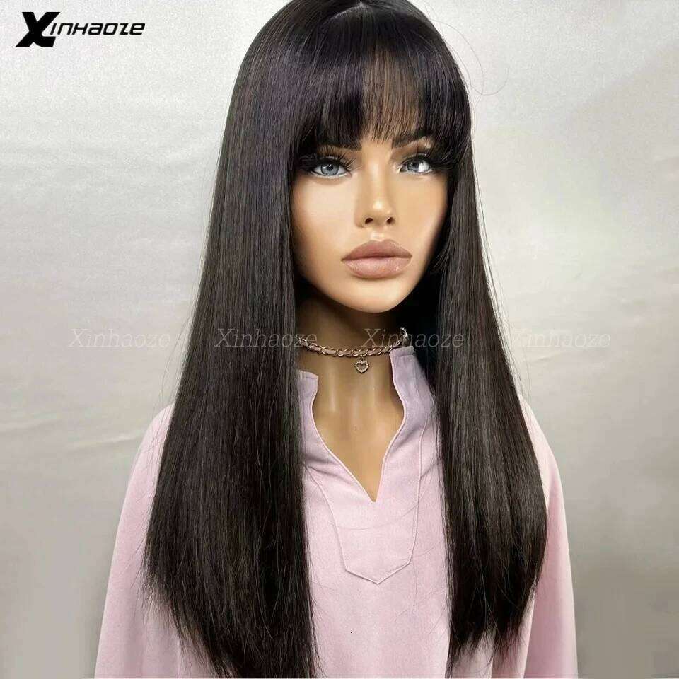 Glueless Base Full Wig Bangs Brazilian Silky Straight 360 Lace Human Hair Fringe Wigs with Silk Top