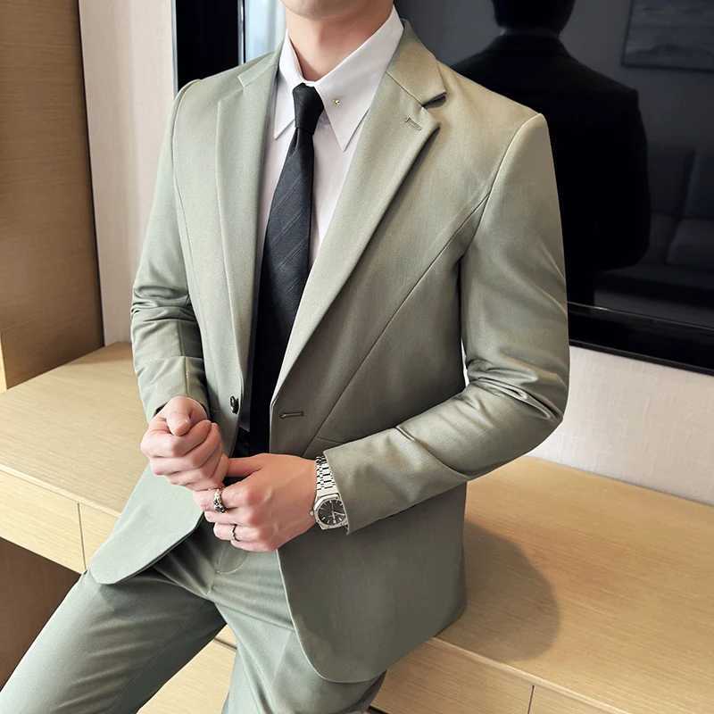 (Jacket+Pant) New Men Pure Color Business Social Wedding Party Suit Fashion Male Banquet Party Slim Fit Dress Blazer and Trouser X250704