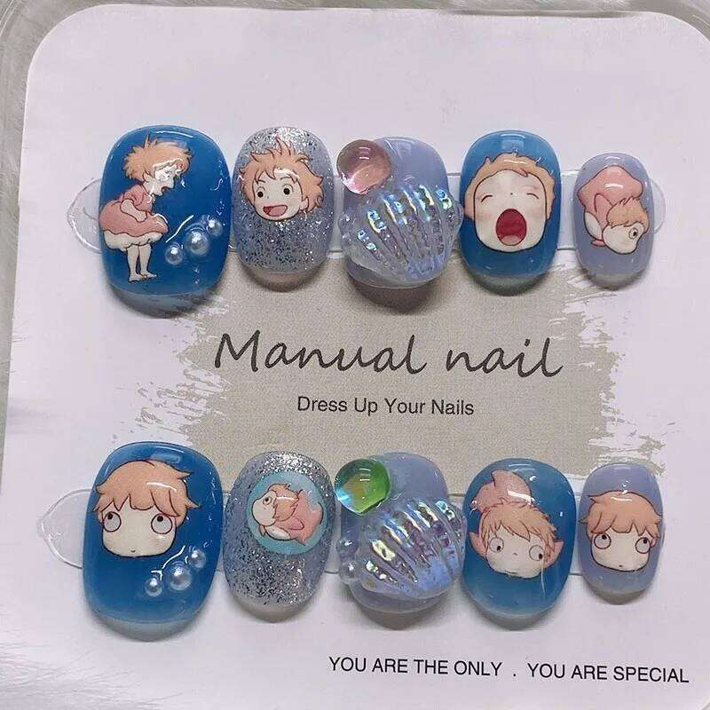 Acrylic Press on With 3d Designs Kawaii Sea Shell Full Cover Artificial Blue Color Handmade Japanese Manicuree Nails X250704