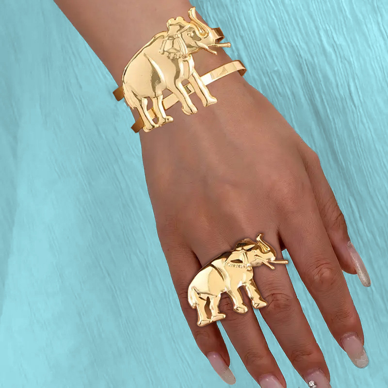 Exquisite Elephant Ring Open Bracelet Set Lotus Joint Exaggerated Style Niche Personality Animal Series