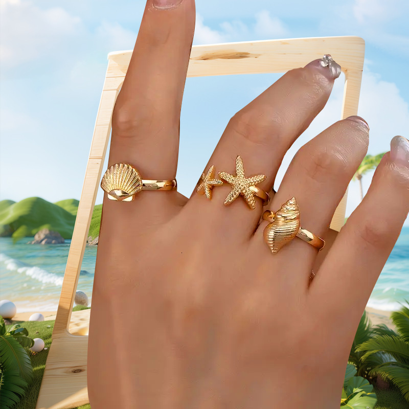 1 Piece Ocean Series Starfish Conch 3-Piece Set Beach Sea Vacation Style Ring Jewelry