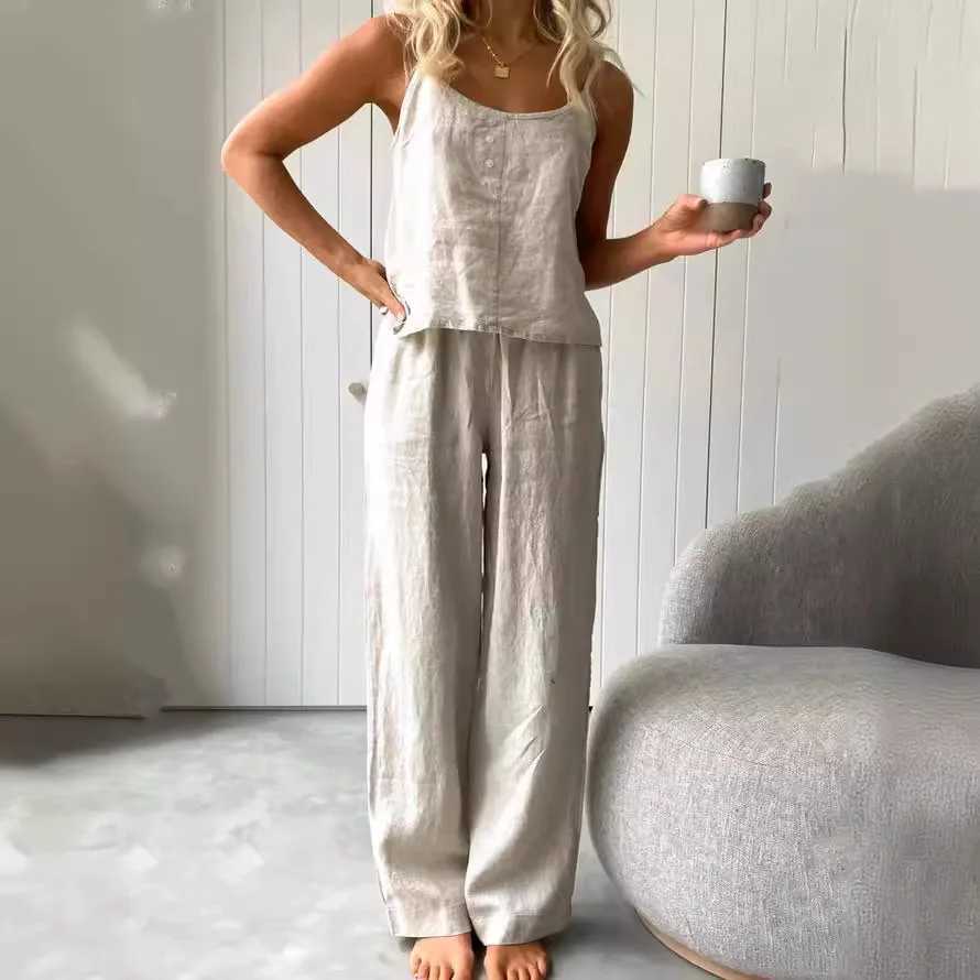 Cotton Linen Womens Suit Slip Vest Wide-leg Pants Suits Female Fashion Casual 2 Piece Sets Home Casual Clothes Ladies Sets 2025 X250704