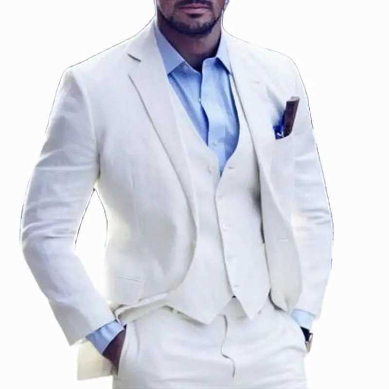 New Beach Linen Men Suits 2025 Summer 3 Pieces Slim Fit White Groom Wedding Tuxedo Best Man Formal Prom Male Suit Costume Homme X250704