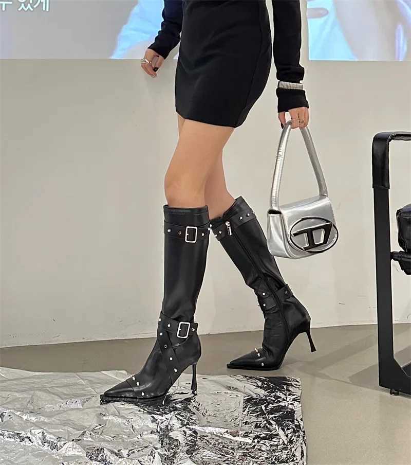 Knee High Boots for Women Cool Metal Pointed Toe High Heels FAshion WESTern Boots Female Sexy Ladies Booties Z250704