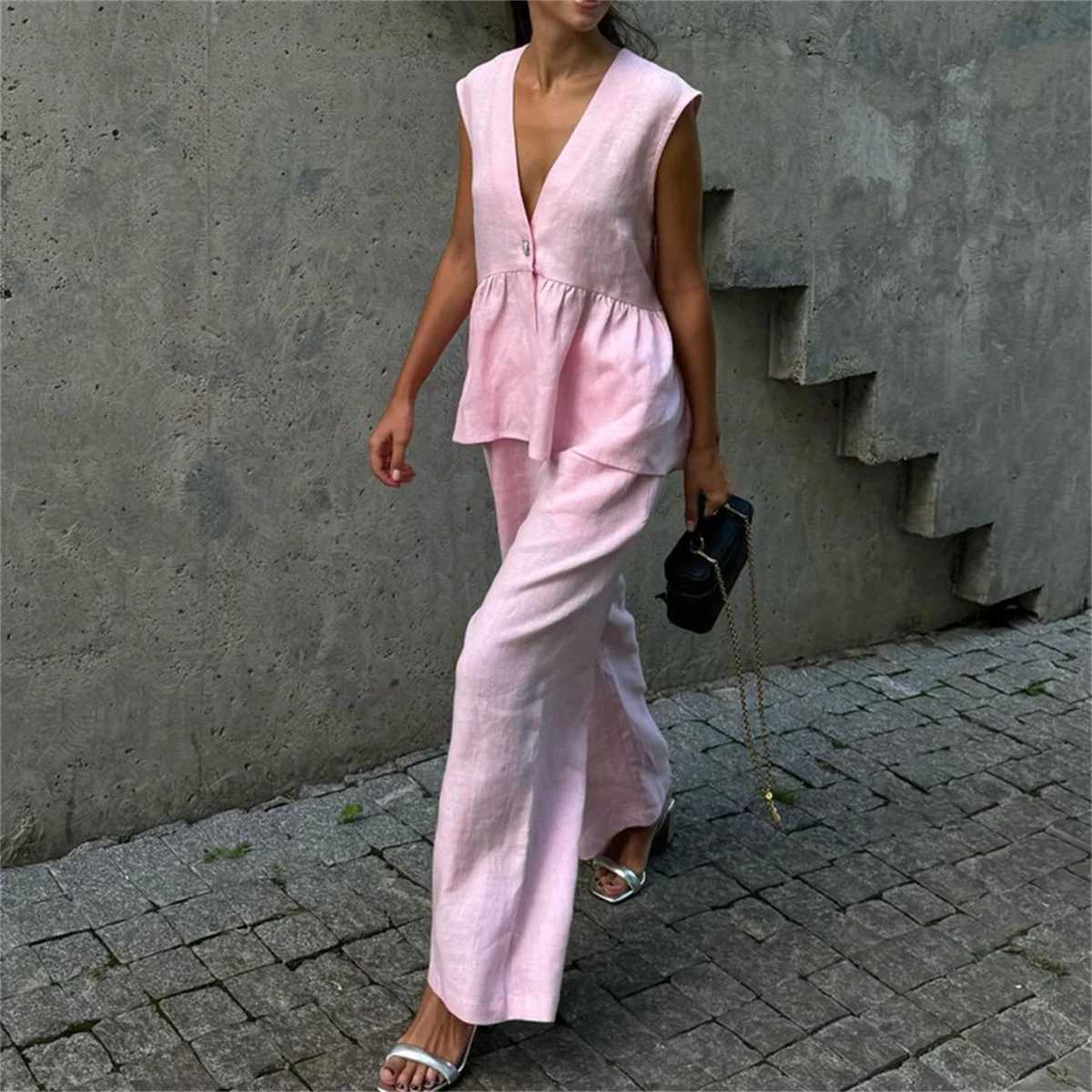 Fashion 2 Piece Set Women Summer Chic Elegant Outfit Single Breasted Slveless Ruffles Tank Top Loose Wide-leg Pants Sets X250704