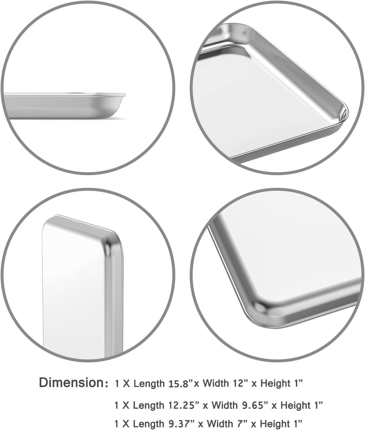 3-Piece Stainless Steel Baking Sheet Set (9/12/16 Inch), Commercial Grade Non-Toxic Cookie Pan, Heavy Duty Oven Tray for Baking