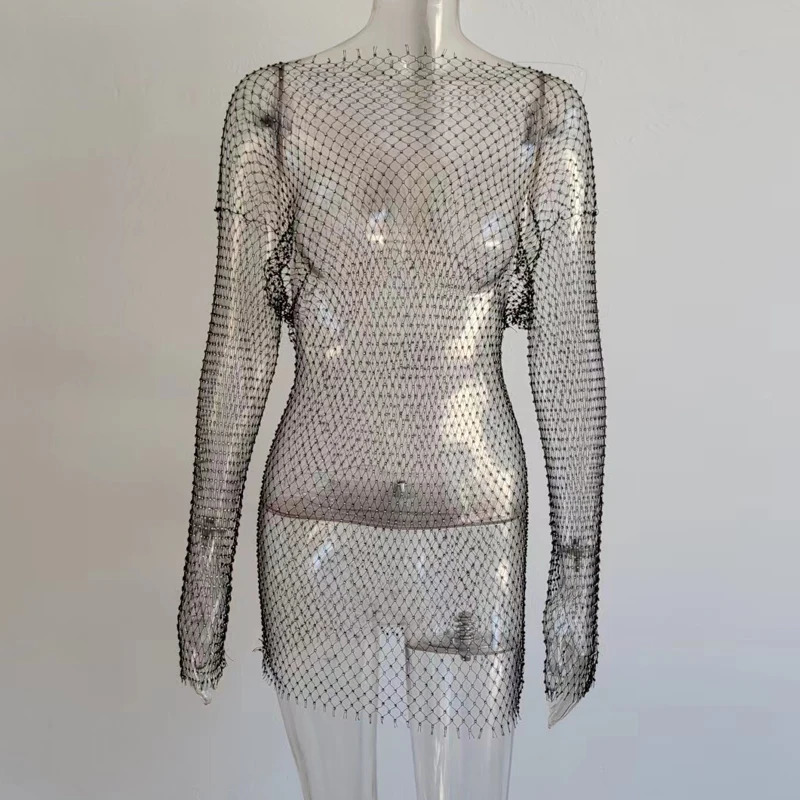 Wholesale Shiny Rhinestones Sequin Fishnet Women Mini Dress Sexy Long Sleeve Mesh Hollow Out Transparent Party Clubwear Dresses 250704