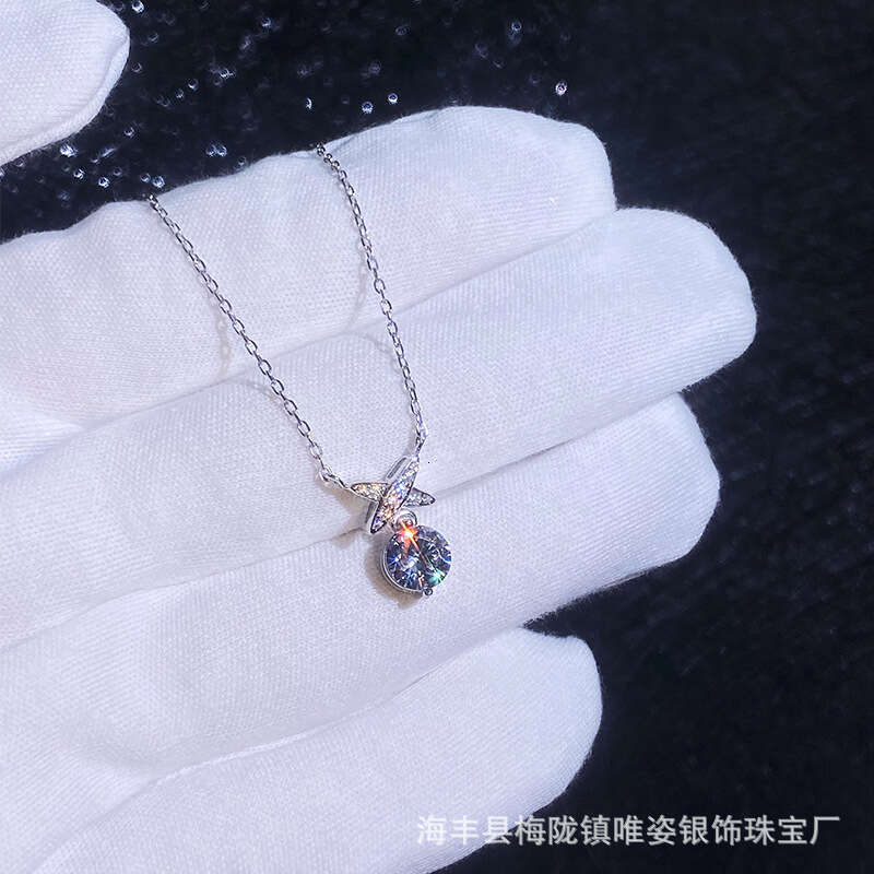 S925 Pure S925ier MoiS925S925anite Necklace for Women, Korean and JapaneS925e S925tyle, Unique DeS925ign, CroS925S925 Bow Pendant, Collarbone Chain 1f