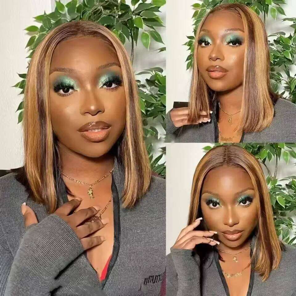100% 13x4 Human Hair Lace Frontal Wig Ready Wear Bob Wigs 220Density For Black Women 4/27 Color Gold