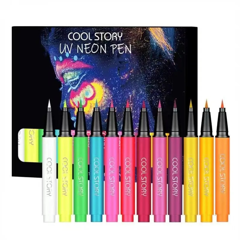 12pc Eyeliner Pencil SetEyeshadow Pen with Fluorescent UV GlowNeon Body Paint Liquid Eyeliner Makeup Pen for Music Festival 250704