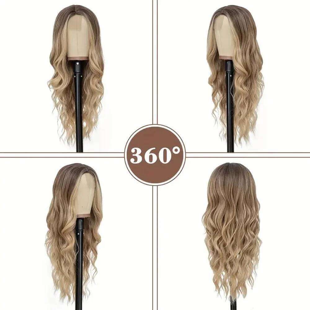 26 Inch Long Ash Women Ombre Blonde Highlight Wigs Middle Part Synthetic Lace Wig for Daily Cosplay Party Use