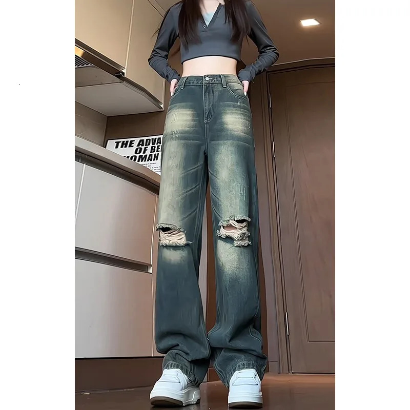 Summer Vintage Harajuku Y2K Loose Jeans Hollow Baggy Ripped Out Blue Pants Womens Wide Leg Trashy Style Denim Trousers 250704