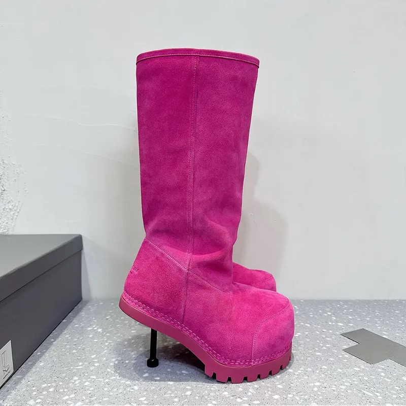 Designer Pink Snow Boots suede Fur High Winter Knee Snow Boots Women Lamb Round Toe pumps heels Slip On Boots Luxury Designer Ski Shoes Factory Boots with Box