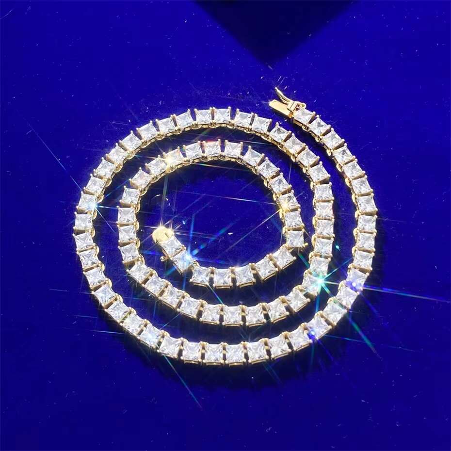 4MM Square Real Sterling Silver Moissanite Cz Diamond 4 Prong Setting Princess Cut Tennis Chain Necklace