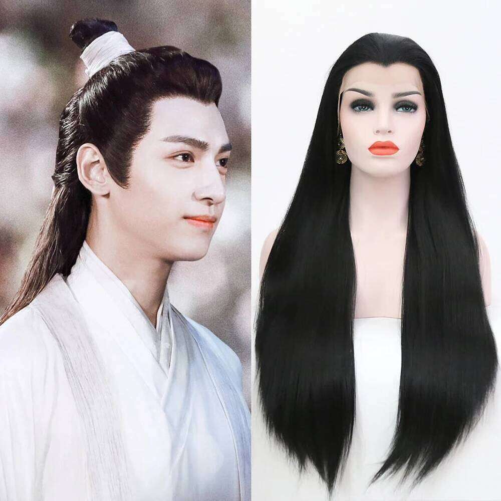 AIMEYA Long Straight 13X4 Lace Frontal Free Part Synthetic Hair Wig with Special Hairline For Women Cosplay Black Wigs