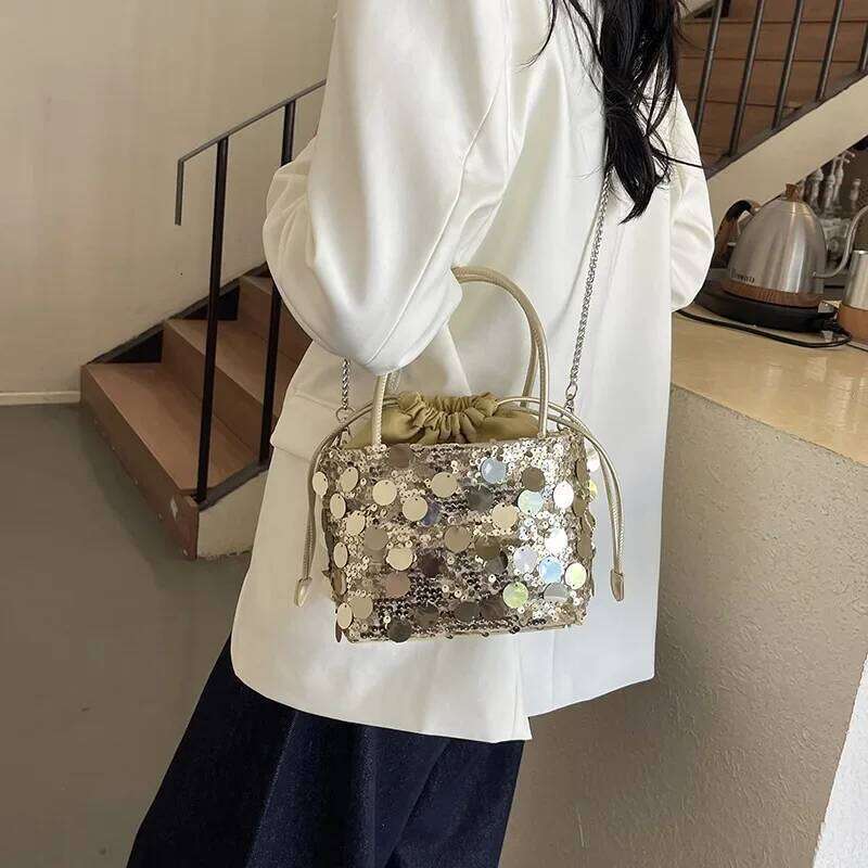 New Korean Version Instagram Sequin Dinner Fashionable Bucket Niche Design Single Shoulder Crossbody Bag For Women