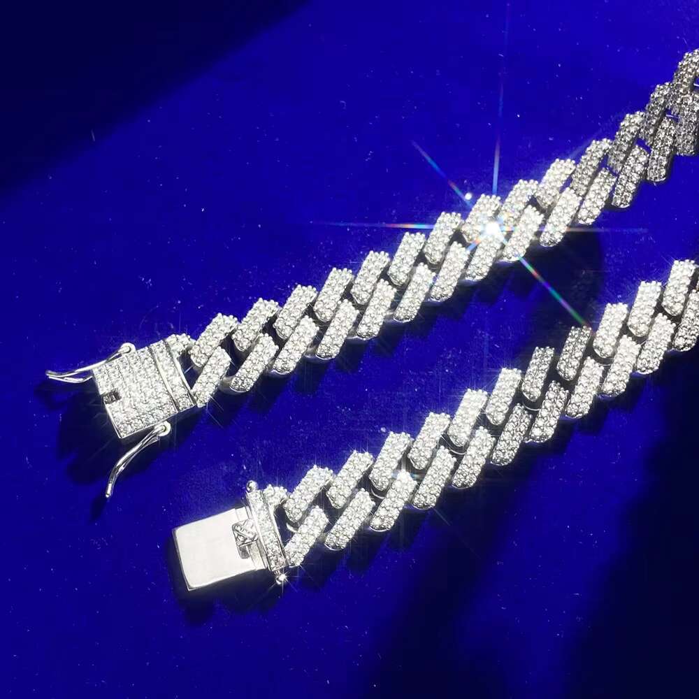 Hip Hop Jewelry 15.5MM Figarucci Coffee Bean Link Prong Zircon Claw Baguette Cut 925 Silver Cuban Chain Necklace