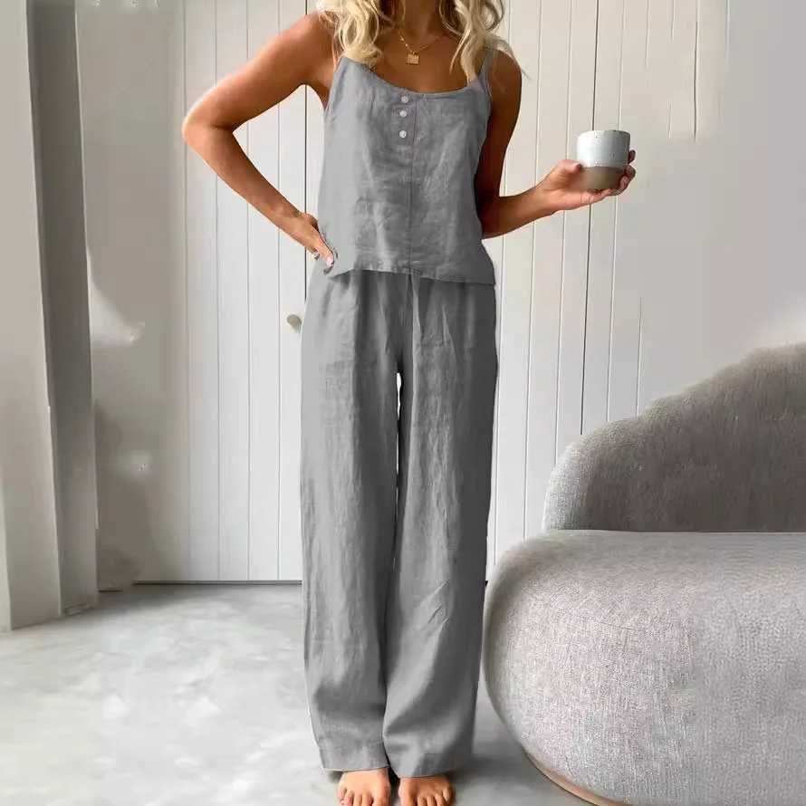 Cotton Linen Womens Suit Slip Vest Wide-leg Pants Suits Female Fashion Casual 2 Piece Sets Home Casual Clothes Ladies Sets 2025 X250704