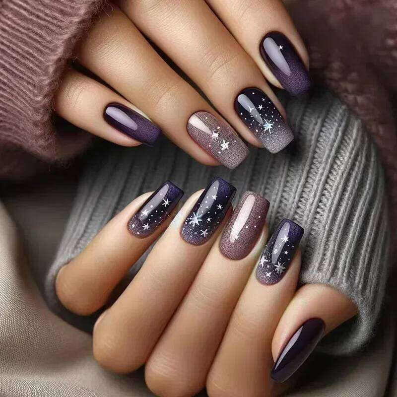 24Pcs Short Square Sweet Cool False Black Flower Wearable French Nails Press on Detachable Autumn Winter Acrylic Nail Tips X250704