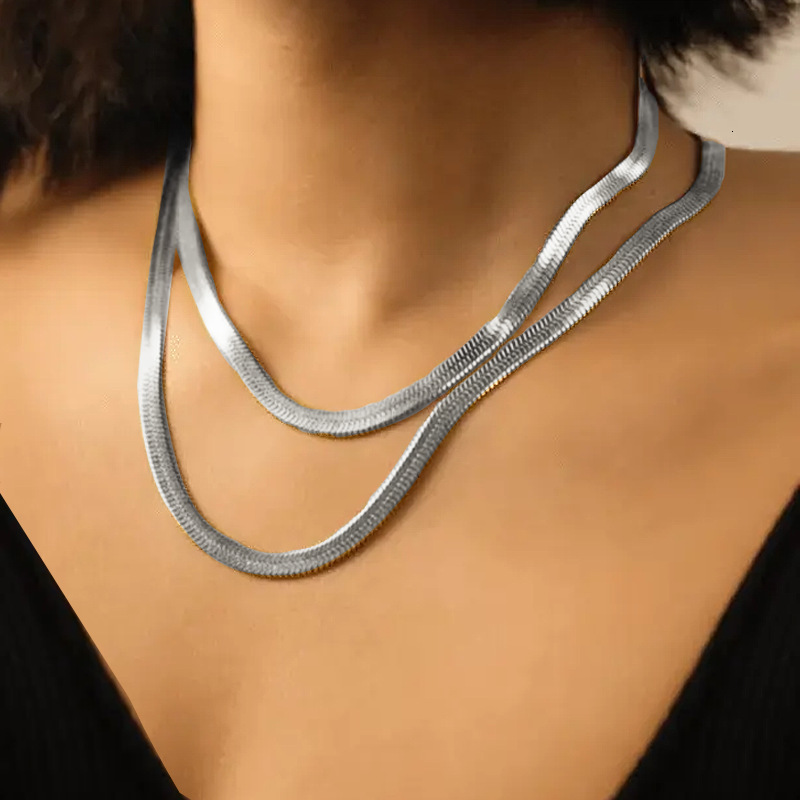 Double Layer Snake Bone Chain Fashion Trend Simple Design Gold-Plated Titanium Steel Elegant Versatile Necklace