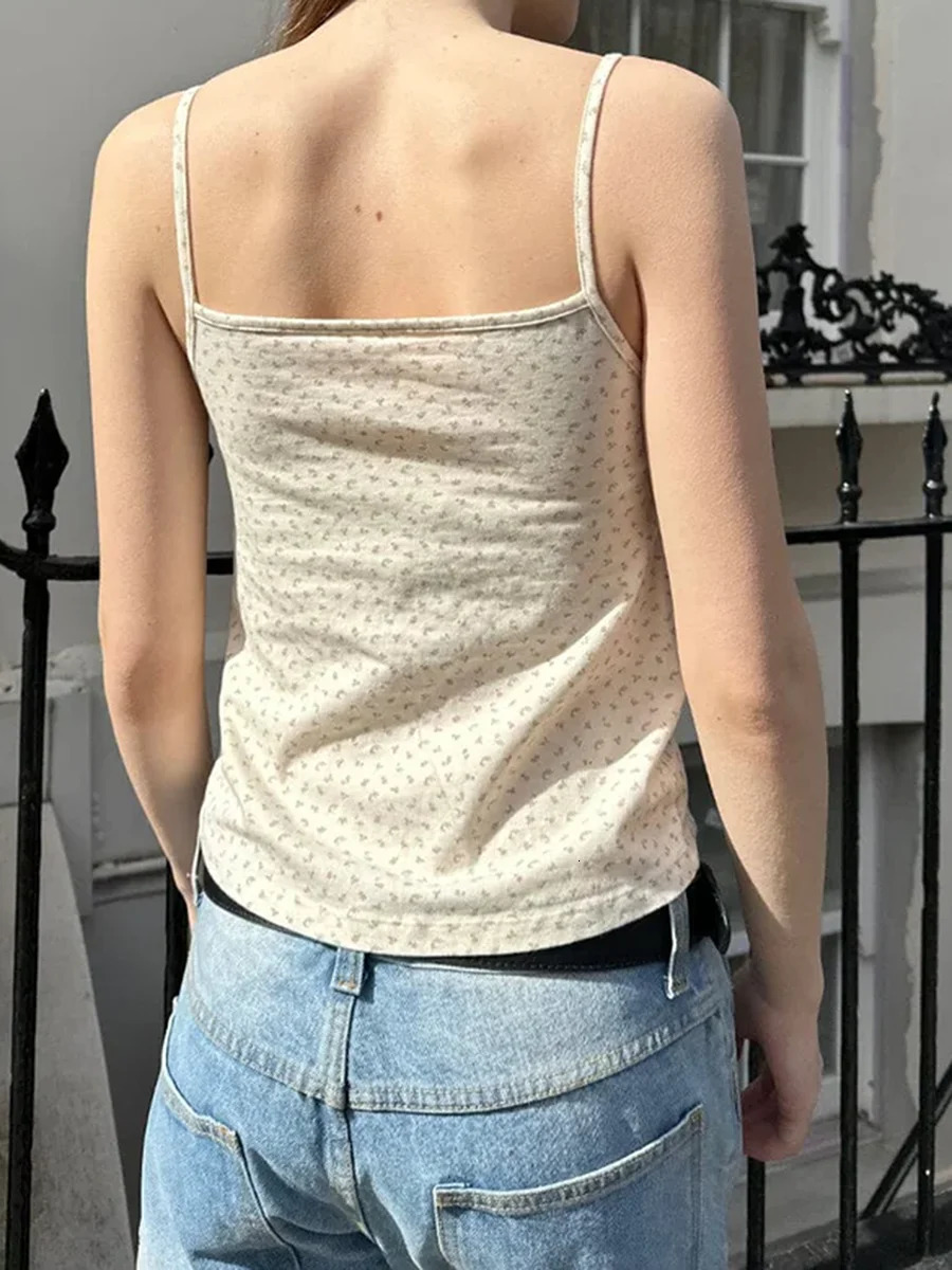 Women s Boho Style Off Shoulder Ruffle Crop Tops Floral Print Summer Sleeveless Button Up Tank with Open Back Detail 250704
