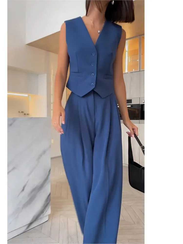 casual slveless suit set office lady spring summer elegant slim v-neck blazer tops pants two piece set women outfit 2024 X250704