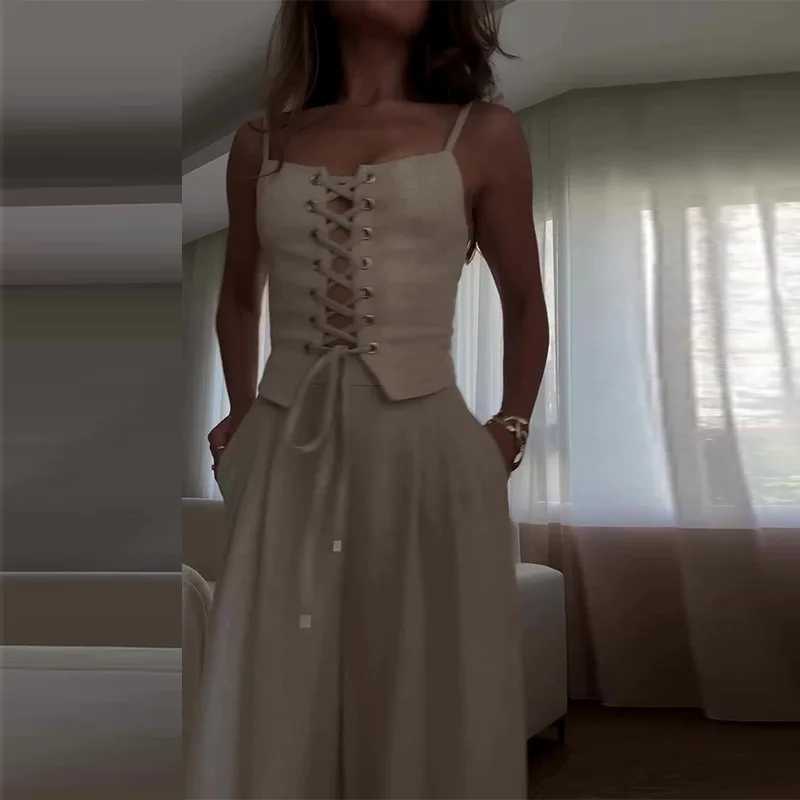 Women Two Piece Sets Pant Set Sling Slveless Sexy Hollow Out Sheath Short Tops Wide Leg Long Pants Casual Elegant Splice X250704