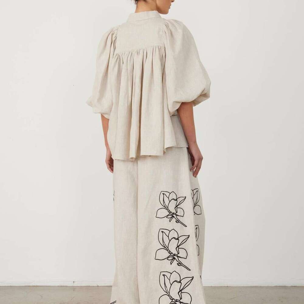 Fashion cotton linen printed wide leg pants set for Europe America spring summer 2025, with versatile temperament and trendy clothing in ins