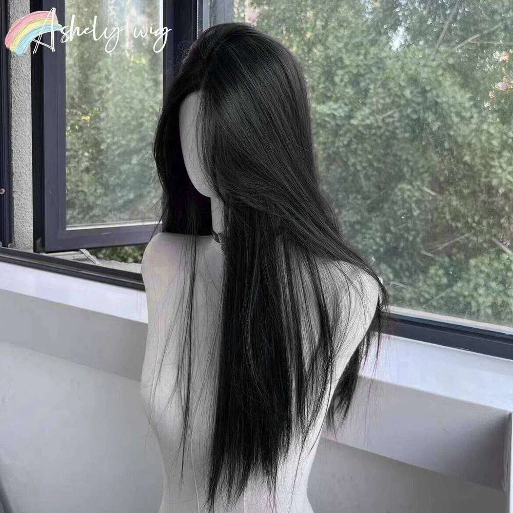 Women Long Straight Hair Headband Lace Front Wig Cosplay Temperament for Daily Use Lolita Black Synthetic Wigs