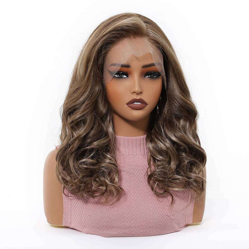 EASIHAIR Medium Length Brown Highlight Synthetic for Women 13*6 Lace Frontal Hair Natural Hairline Curly Wavy Wigs