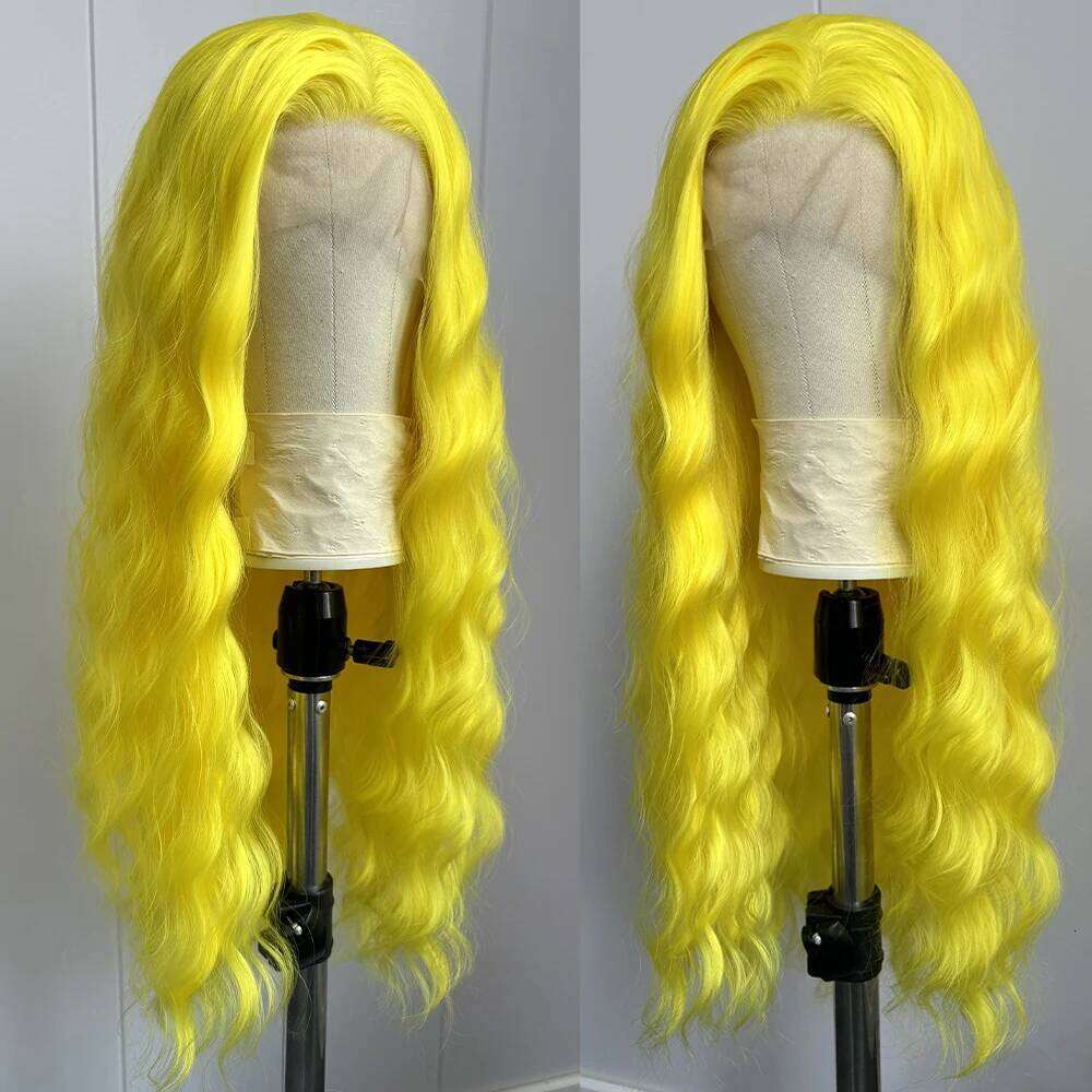 Long Synthetic Loose Front for Natural Cosplay Lace Body Wave Women Use Yellow Wig Party