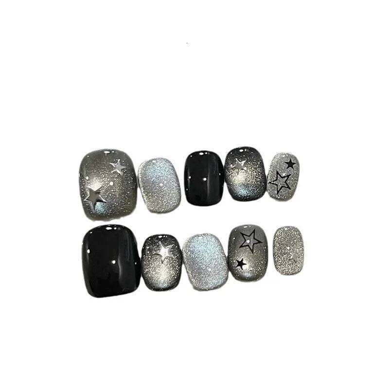 10Pcs Handmade Press on Nails Black Sweet Cool Cat Eye Stars False for Women&Girl Short Square&Round Wearable Nail Art X250704
