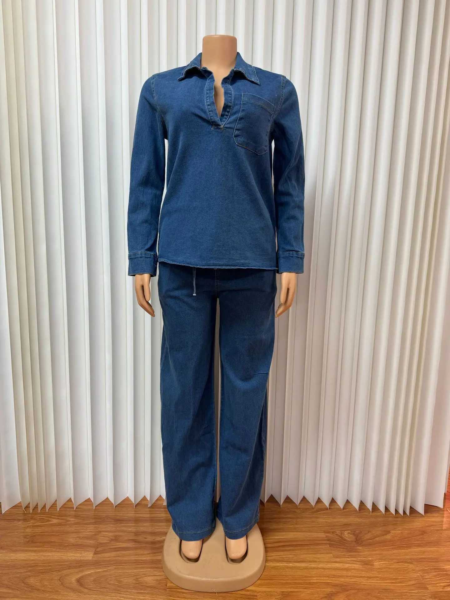 Denim Pant Set Women Two Piece Sets Turn Down Collar Mom Jeans Shirt Tops Wide Leg Long Pants Straight Trousers Y2k Strtwear X250704