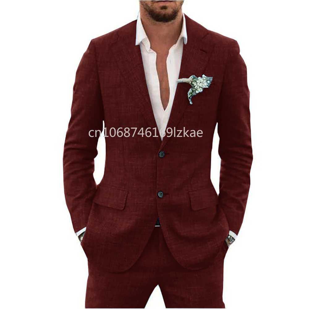 2024 Linen Suiting Fabric Full Mens Suit Lapel Collar Single-breasted 2 Piece Set Elegant Mens Suits High Quality Blazer X250704