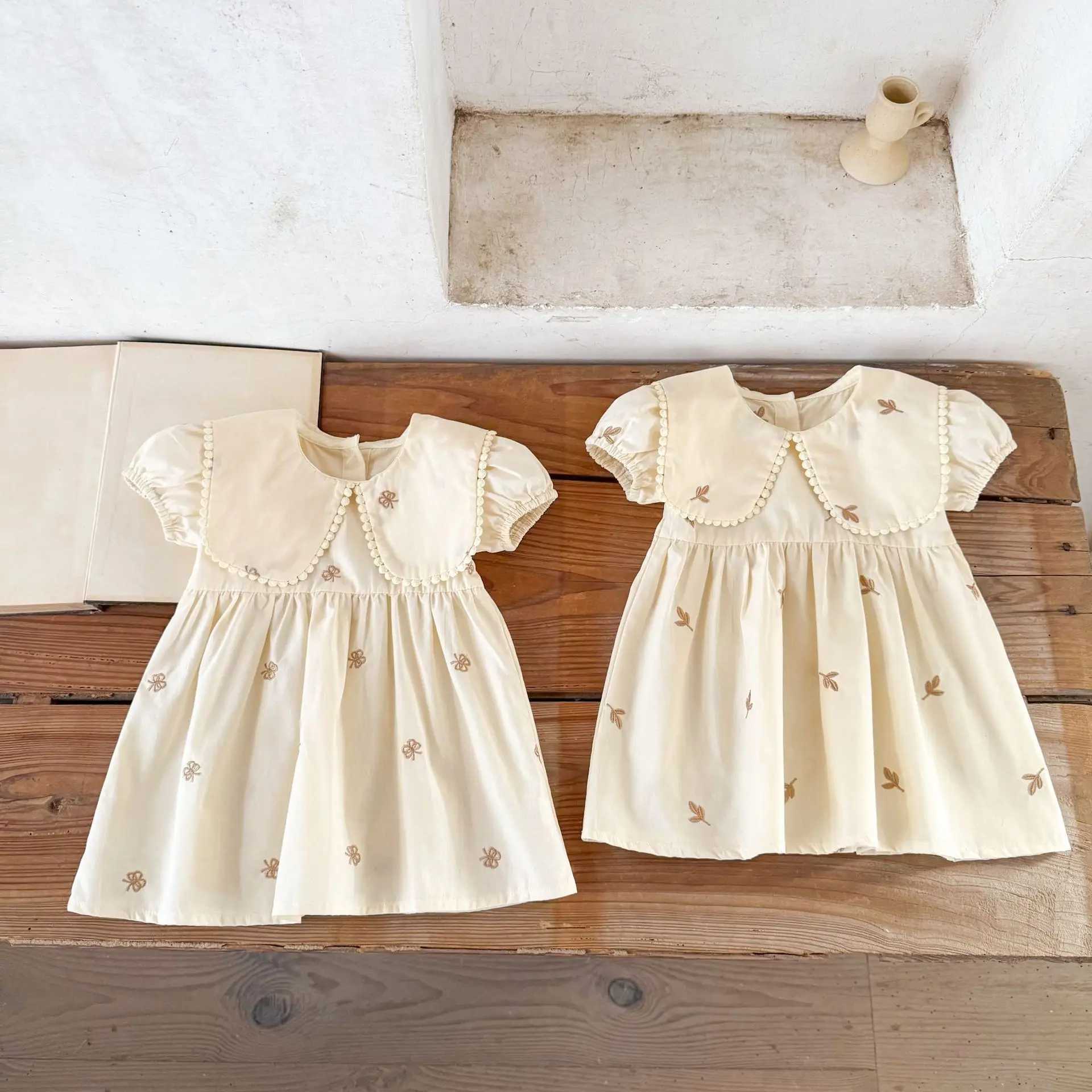 Ins Korean Version Girls Pure Cotton Embroidered Lapel Short Sleeve Dress Versatile Cute Dress for Children in Summer R250704